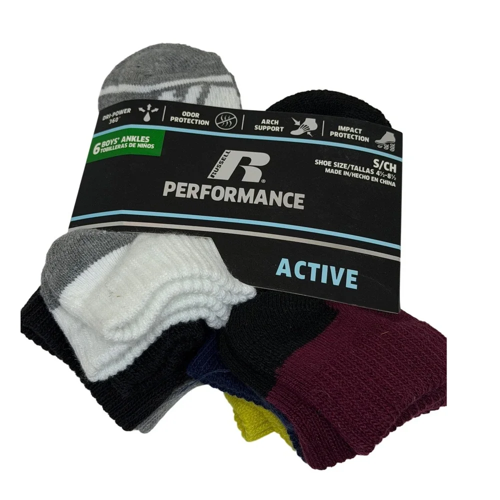 Russell Performance Socks Multi Boys Ankle Active 6-Pack Shoe SZ 4.5-8.5 New NWT